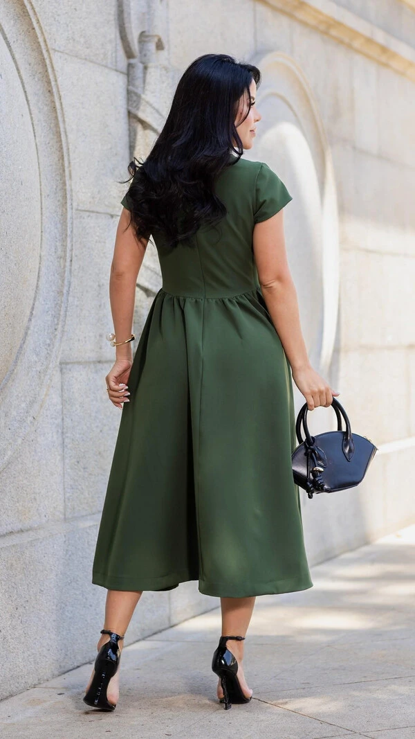 Vestido Midi Verde Alfaiataria Lumena Recorte na Cintura