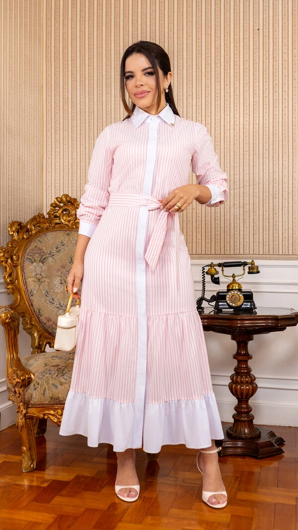 Vestido Max Midi Azenate Listrado com Faixa e Babados