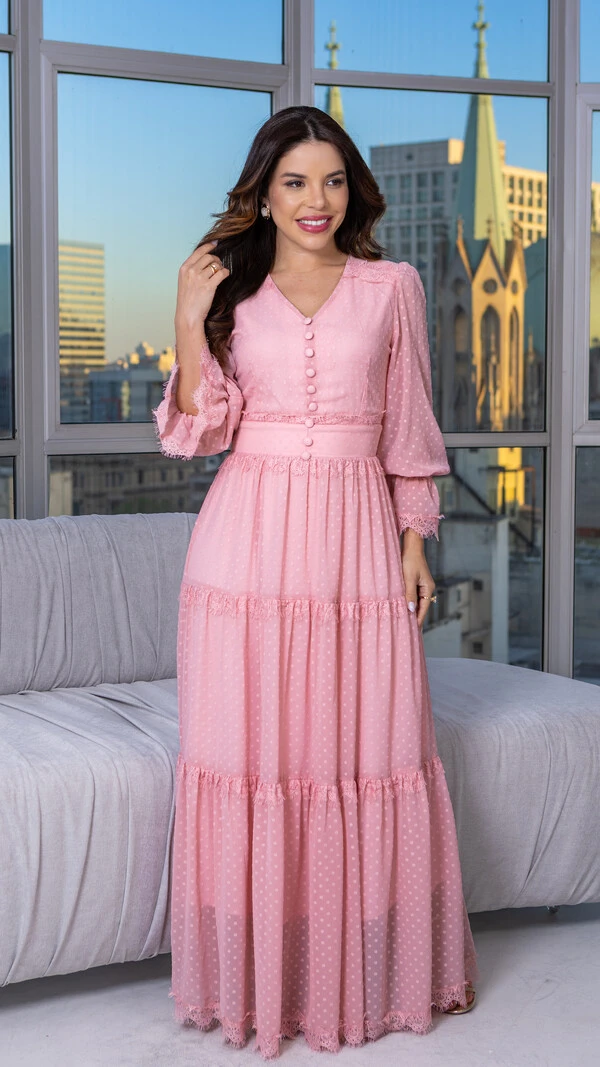 Vestido Longo Derya com Renda Chantilly e Botões