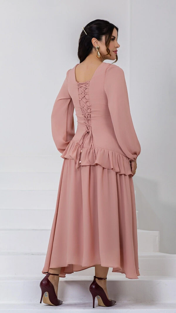 Vestido Longo Crepe Suzete Corset Babados Assimétricos