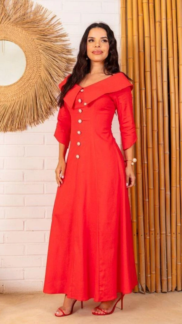 Vestido Longo Linho Zaya Gola Ampla Botões Dourados