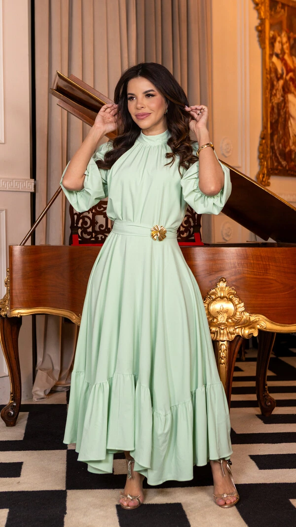 Vestido Longo Helenice com Mangas 3/4 e Faixa com Fivela