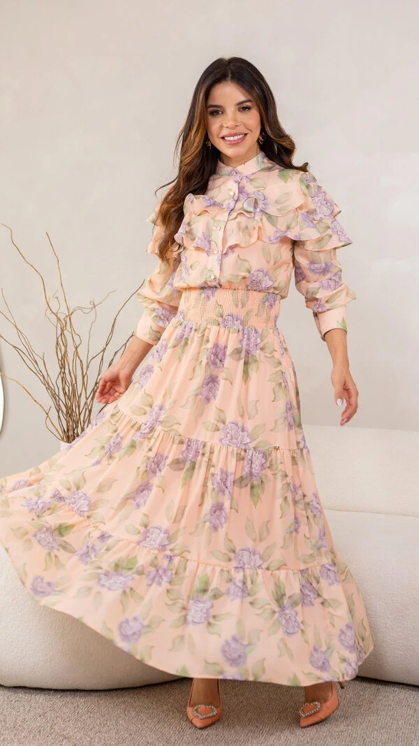 Vestido Longo Floral Magda Crepe com Babados e Gola Alta