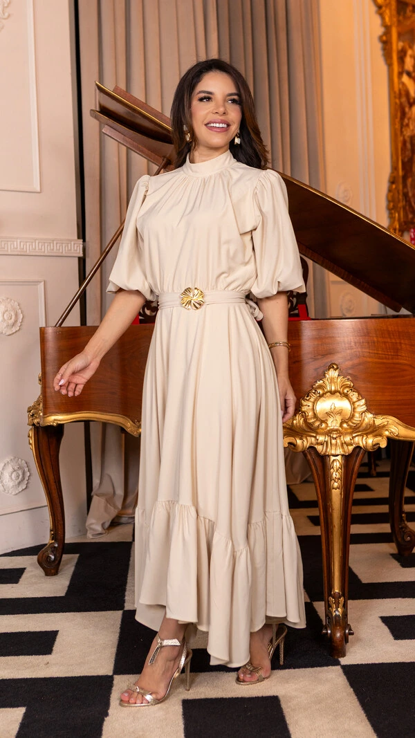 Vestido Longo Helenice com Mangas 3/4 e Faixa com Fivela
