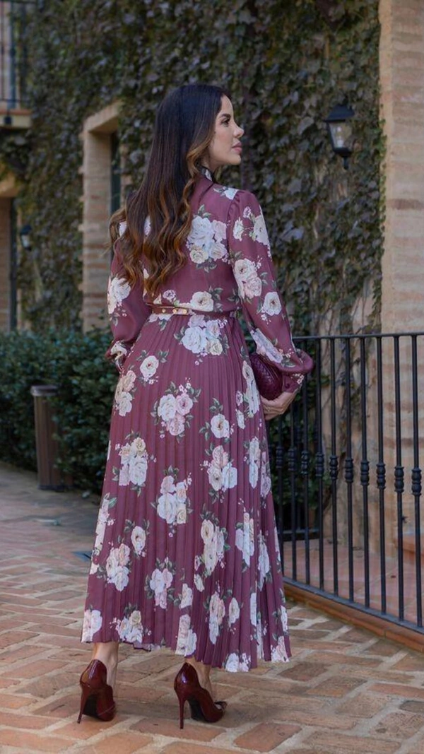 Vestido Longo Floral Plissado Marciele com Cinto Laço