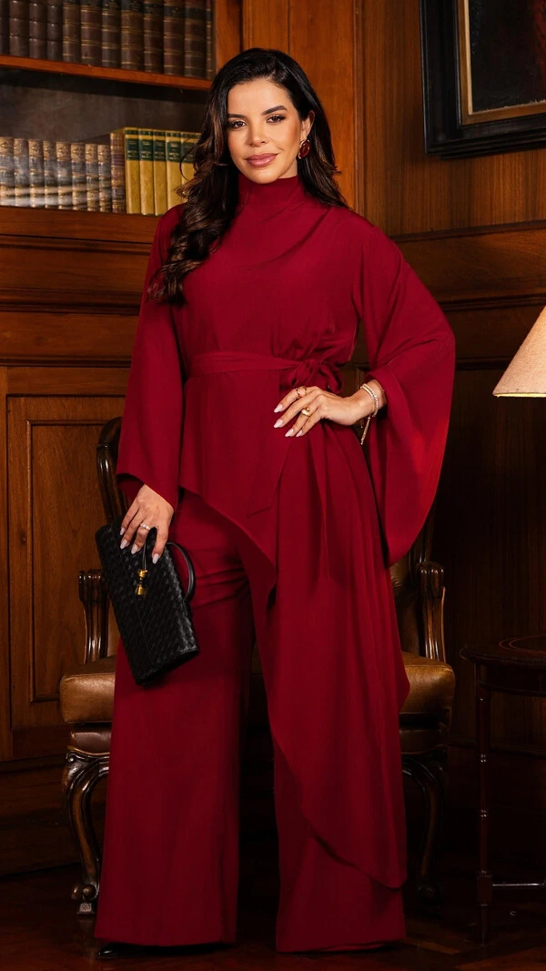 Conjunto Midrina em Crepe Blusa com Veste e Calça Marsala