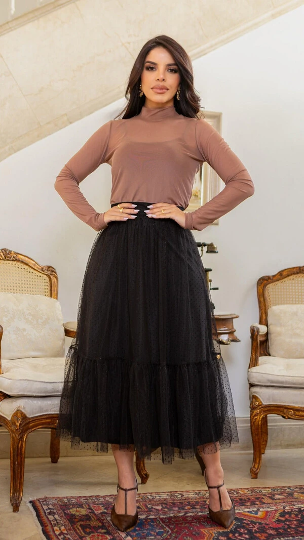 Blusa Manga Longa Tule Anastácia Segunda Pele Gola Alta