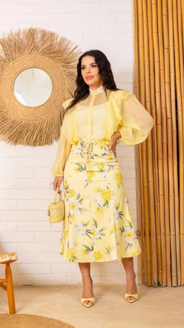Saia Midi Ariene Estampada com Amarração Frontal