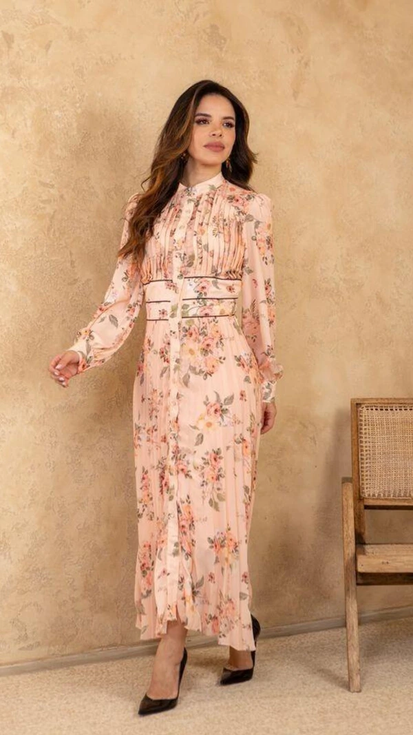 Vestido Longo Floral Evandra Plissado Crepe Gola Colarinho