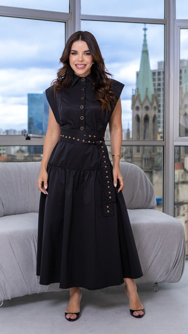 Vestido Max Midi Noemia com Cinto de Ilhós e Botões