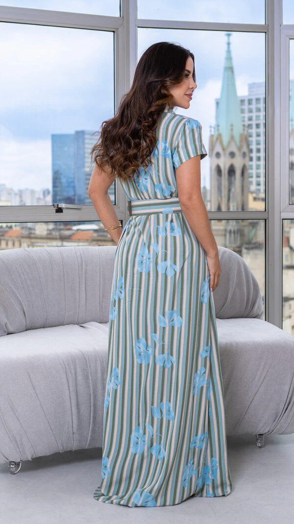 Vestido Longo Zoé Chemise Listrado com Bordado e Cinto