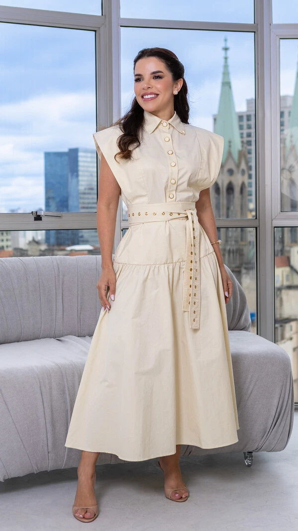 Vestido Max Midi Noemia com Cinto de Ilhós e Botões