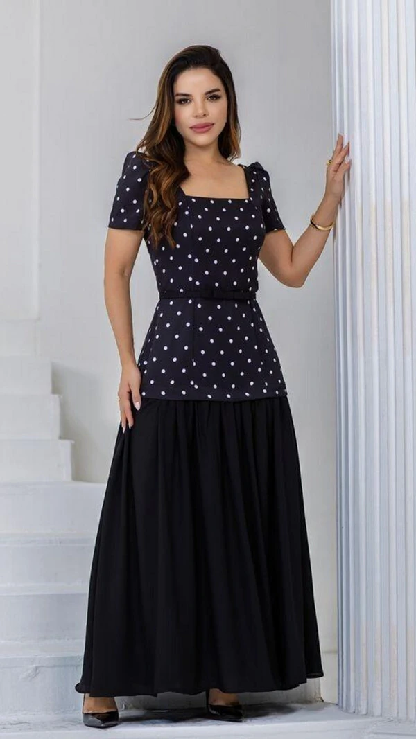 Vestido Longo Preto Tifany Alfaiataria Decote Quadrado