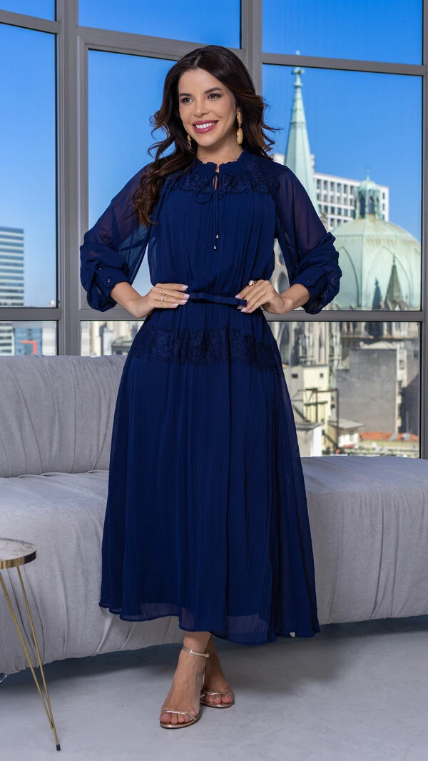 Vestido Max Midi Mércia Plissado com Renda Chantilly