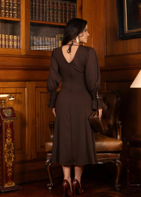 Vestido Midi Miriane em Malha Alfaiataria com Botões