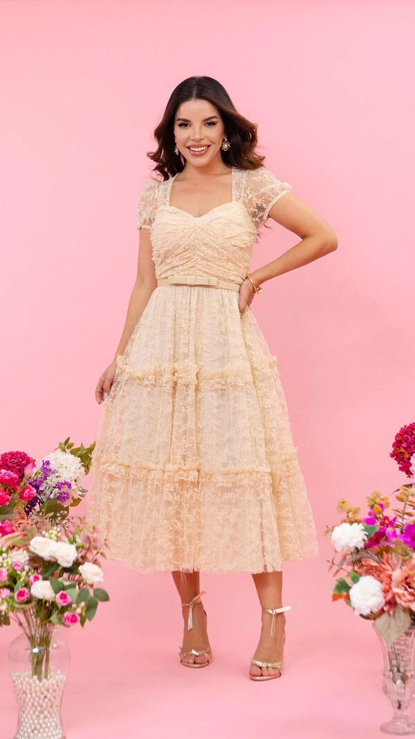 Vestido Midi Janice Tule com Veludo Devorê Decote Coração