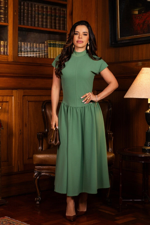 Vestido Max Midi Beverly em Alfaiataria com Elastano Verde