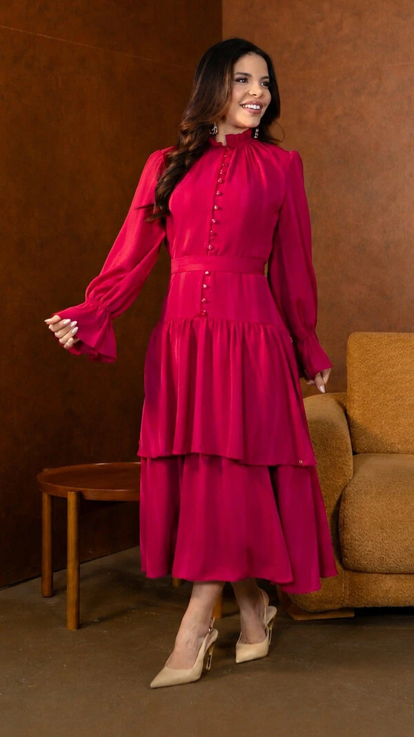 Vestido Midi Cappuccino Felicia Crepe Gola Alta