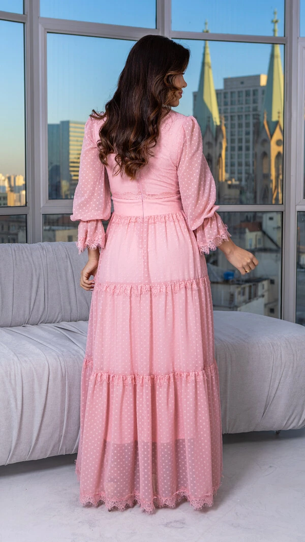 Vestido Longo Derya com Renda Chantilly e Botões