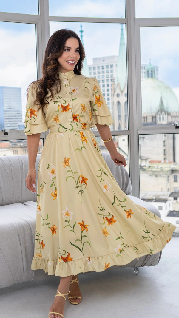 Vestido Max Midi Jucelia Floral com Faixa e Botões