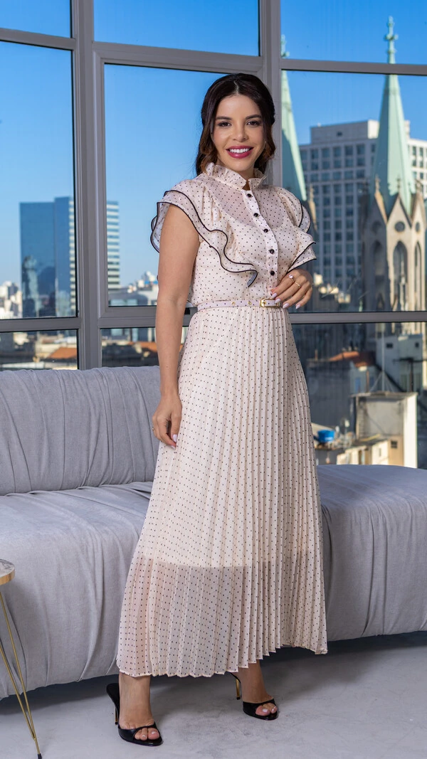 Vestido Longo Antonieta com Babados e Estampa Poá Off White