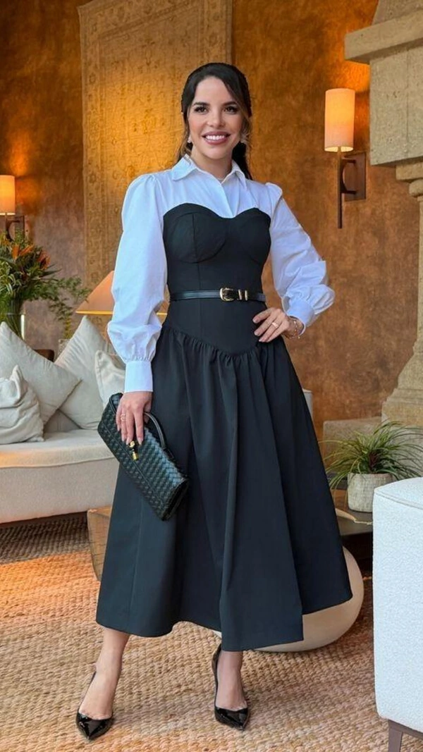 Vestido Midi Preto e Branco Alfaiataria Brena Sobreposto