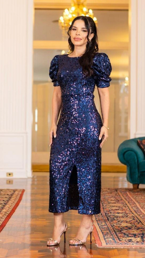 Vestido Midi Azul Marinho Camila Paetê Manga Bufante