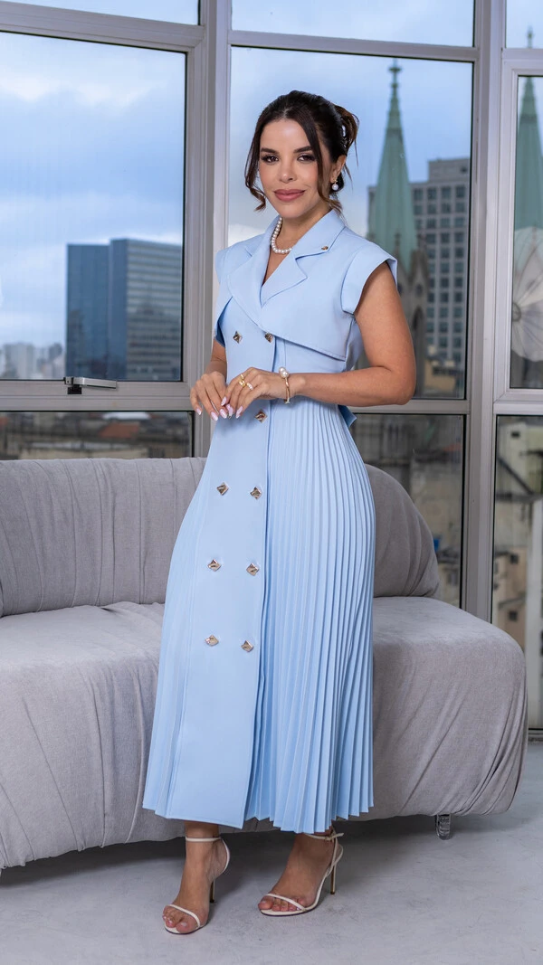 Vestido Max Midi Safira em Alfaiataria com Botões