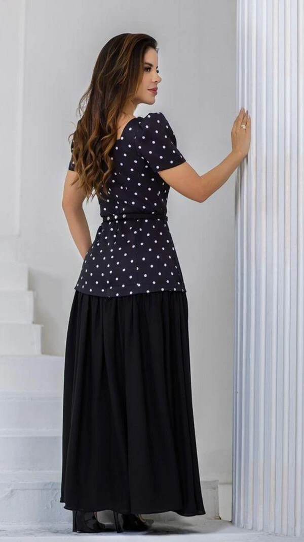 Vestido Longo Preto Tifany Alfaiataria Decote Quadrado