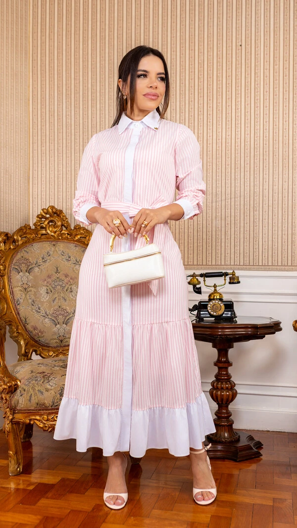 Vestido Max Midi Azenate Listrado com Faixa e Babados