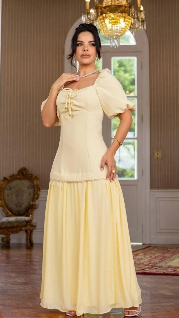 Vestido Longo Tonya Mangas Princesa com Amarração no Busto