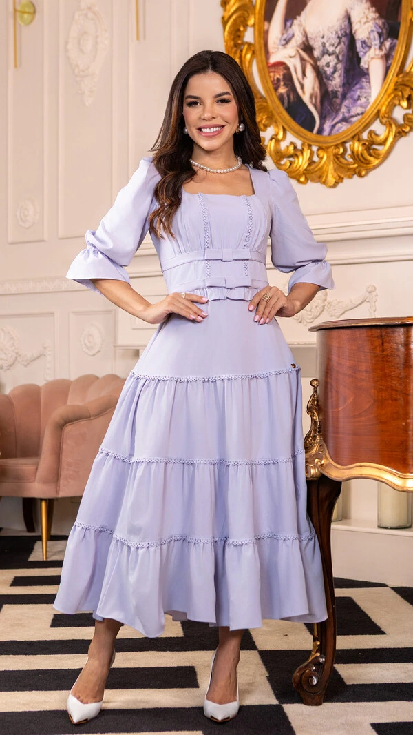 Vestido Max Midi Kira com Entremeios e Laços