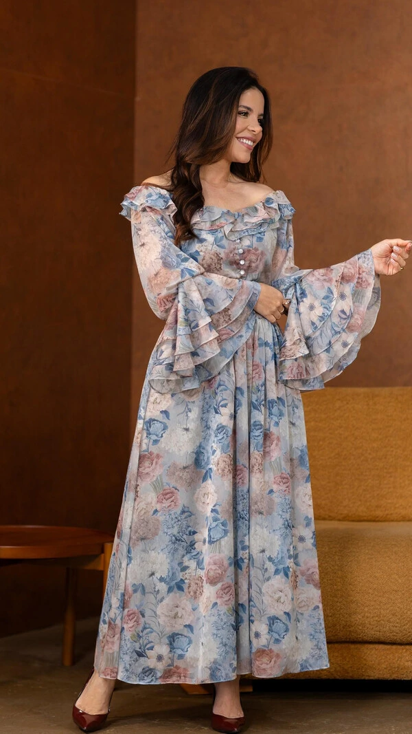 Vestido Midi Azul Samanta Poliéster