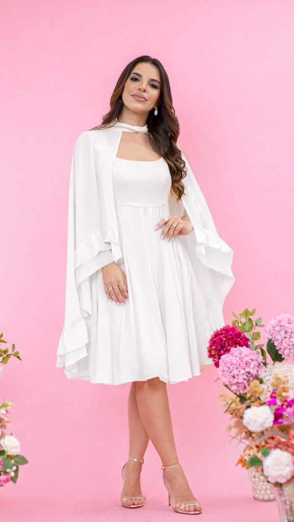 Vestido Curto Tayssa 2 em 1 Capa Removível Decote Quadrado