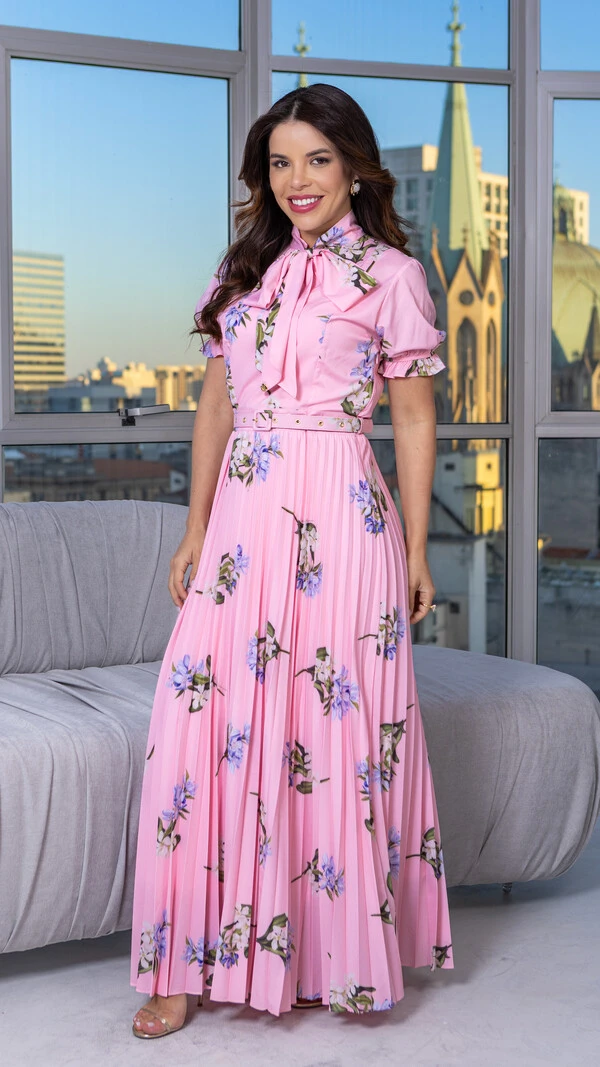 Vestido Longo Mathilde Plissado com Cinto Estampado