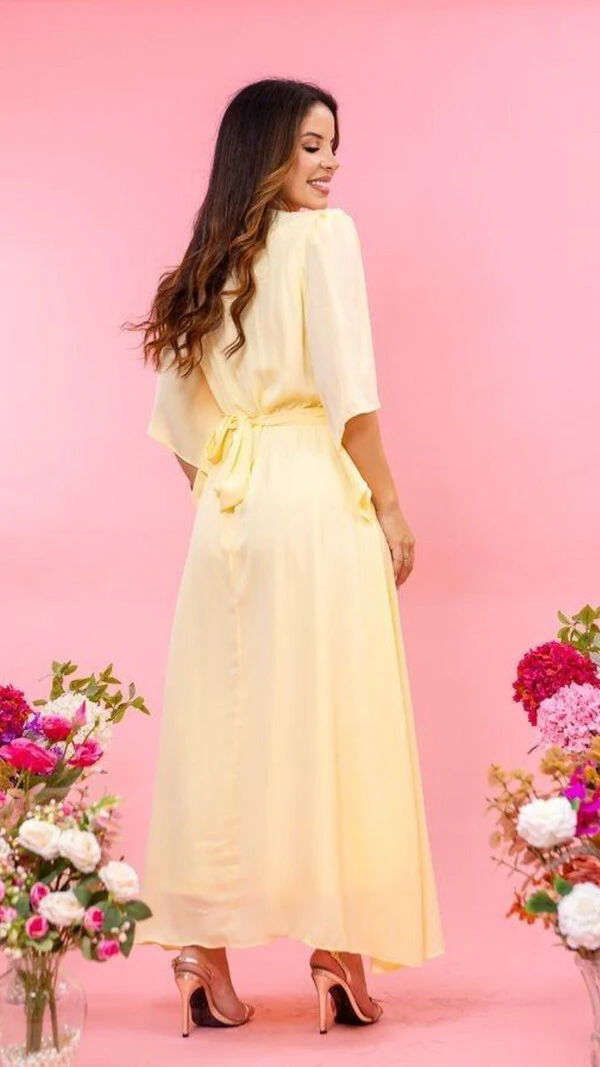 Vestido Longo Manga Fluida Ilana Cinto Faixa Gola Fechada