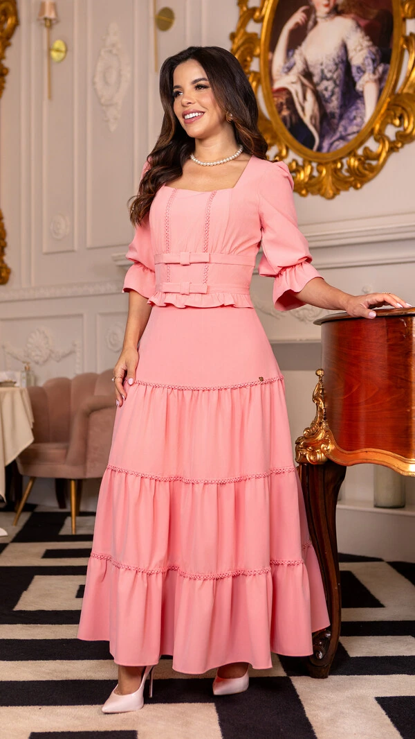 Vestido Max Midi Kira com Entremeios e Laços
