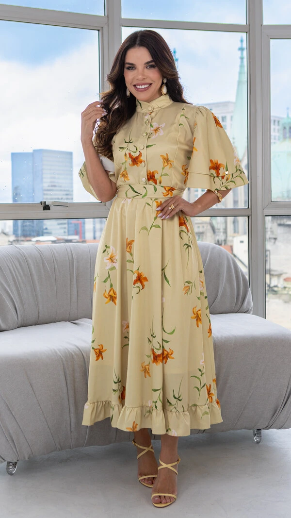 Vestido Max Midi Jucelia Floral com Faixa e Botões