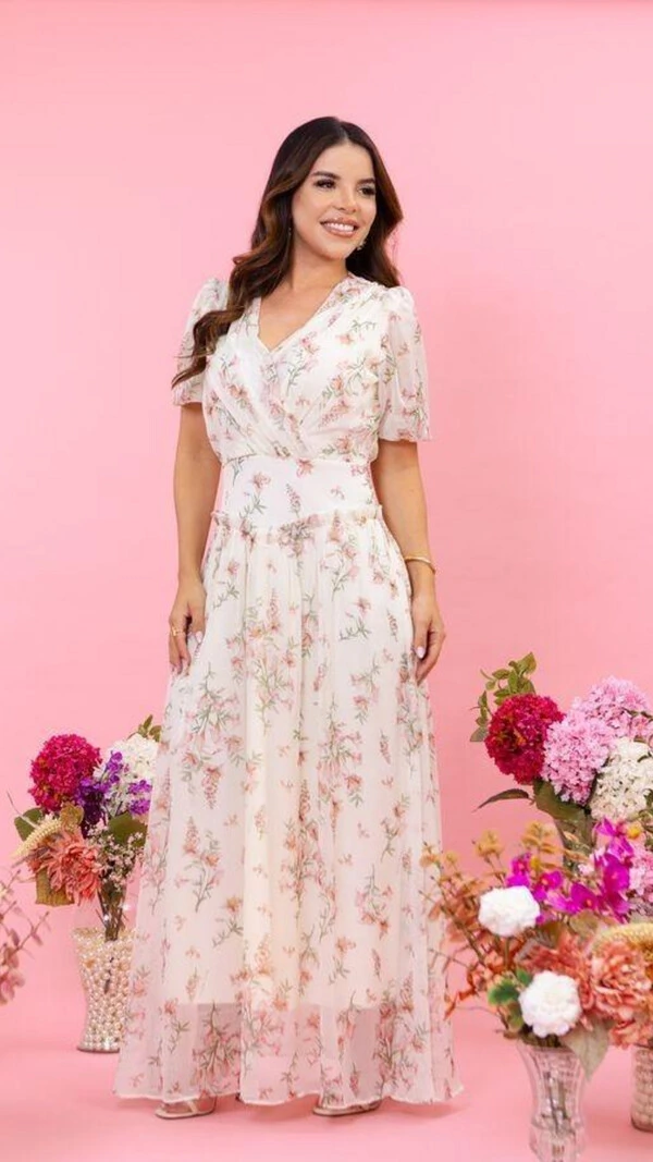 Vestido Longo Estampado Thaiza Crepe Exclusivo Forrado
