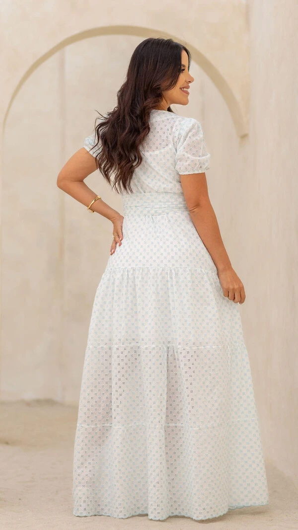Vestido Longo Azul Geométrico Raika Algodão Três Marias