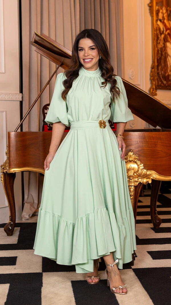 Vestido Longo Helenice com Mangas 3/4 e Faixa com Fivela