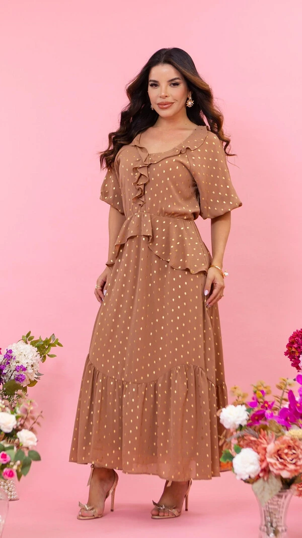 Vestido Longo Marrom Isabela Crepe Uraguiri Textura Poá