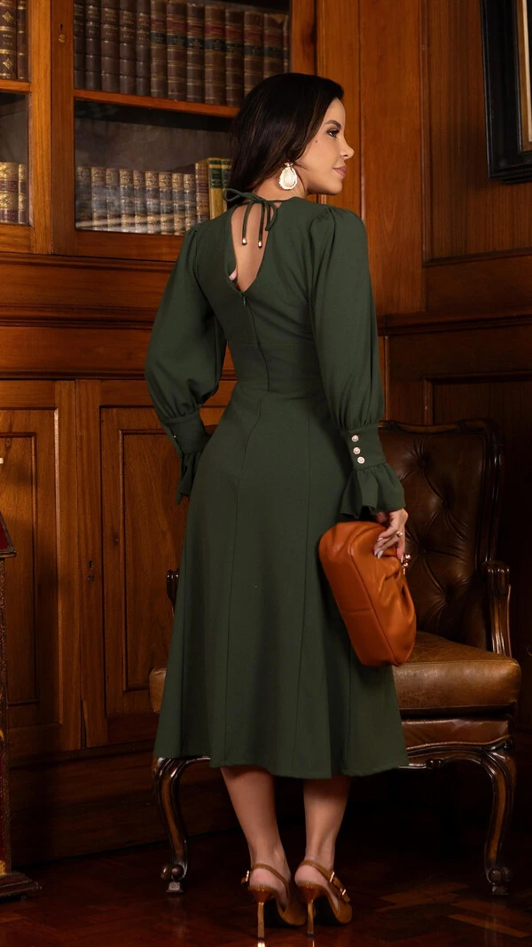 Vestido Midi Miriane em Malha Alfaiataria com Botões Verde