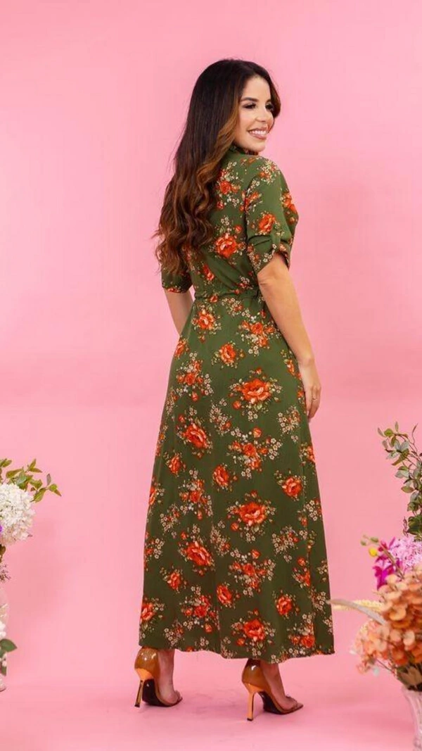 Vestido Longo Floral Chemise Mayla em Viscose com Cordão