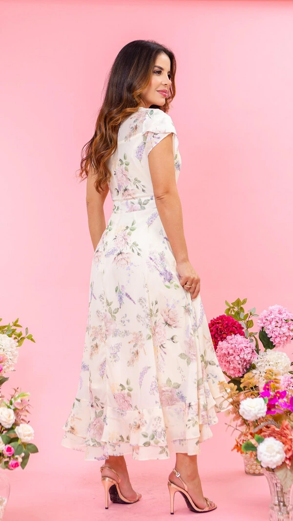 Vestido Midi Floral Off White Solange Crepe com Babados