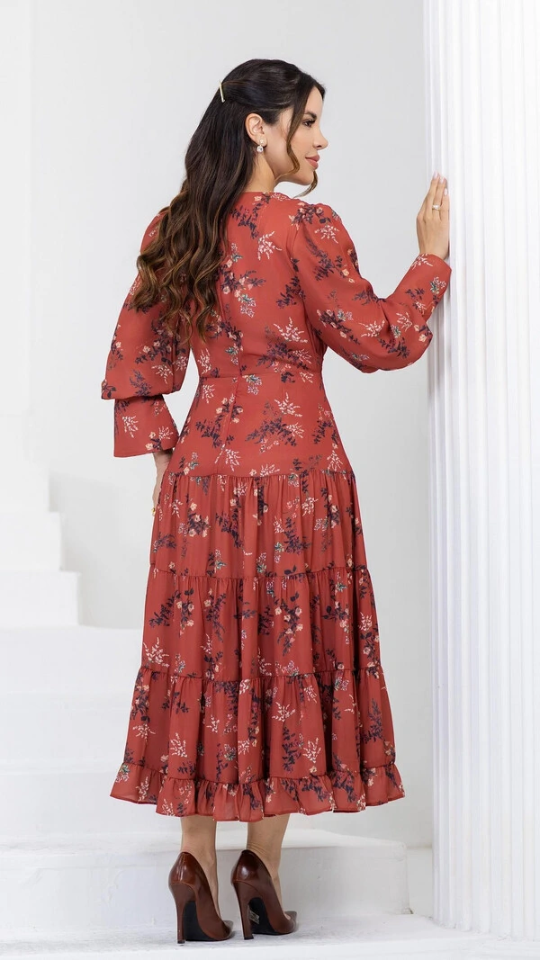 Vestido Longo Telha Noeli Estampa Invernal Manga Longa