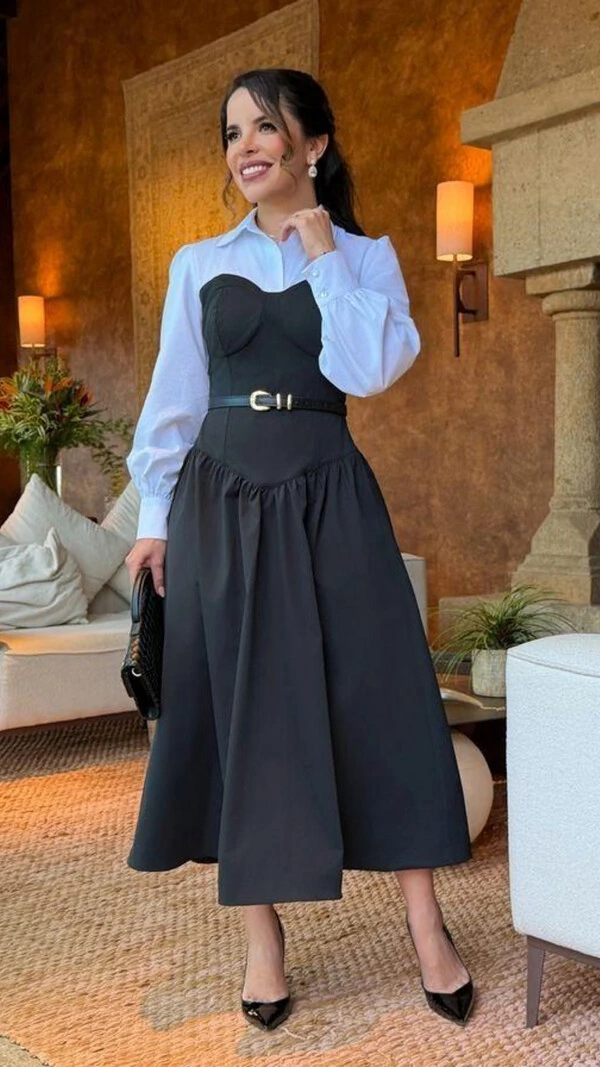 Vestido Midi Preto e Branco Alfaiataria Brena Sobreposto