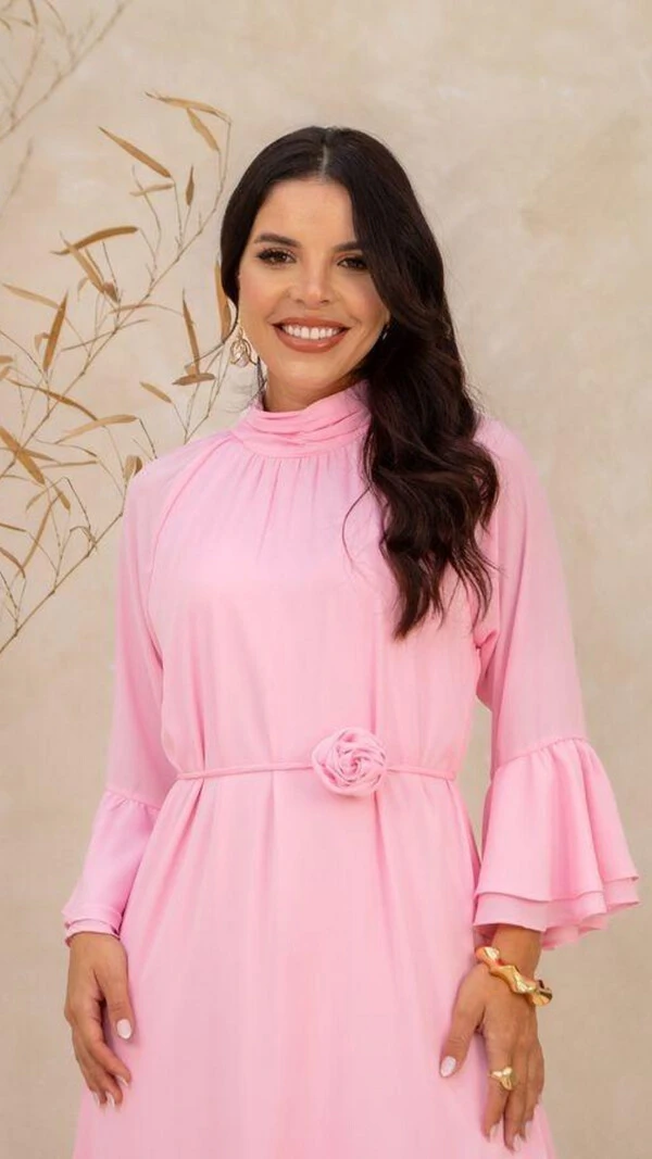 Vestido Midi Crepe Shirley Gola Alta com Cut Out Coração