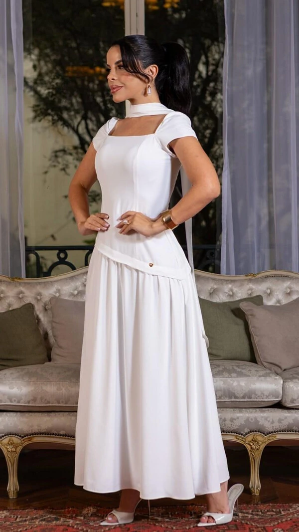 Vestido Longo Branco Rosaura Bruges Corte Assimétrico