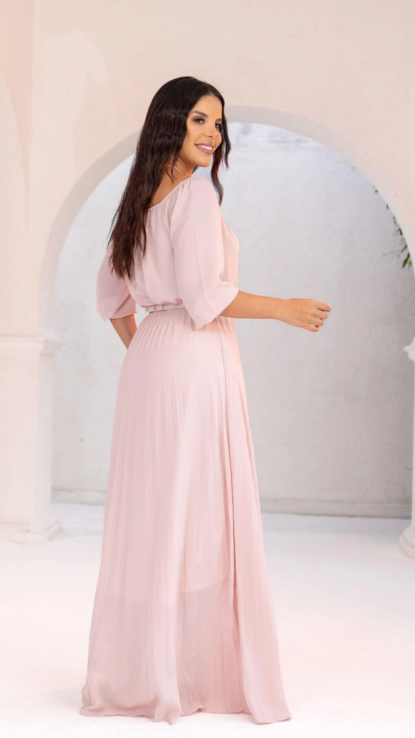 Vestido Longo Rosa Dora Crepe Saia Plissada com Cinto Laço